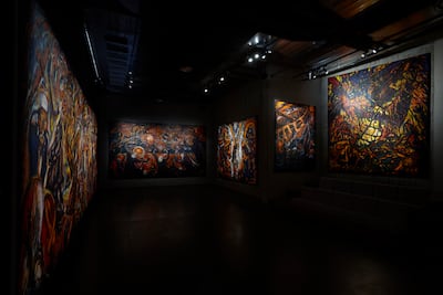 The canvases are populated by soldiers, as well as musicians, mothers, children and pregnant women. Photo: Nabil Kanso Estate