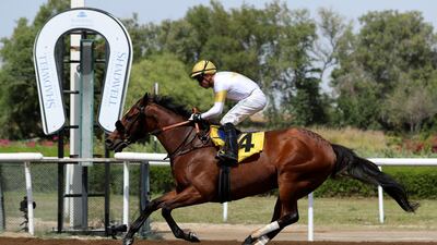 Majestic Thunder ridden by Tadhg O'Shea wins the Shadwell race. Chris Whiteoak / The National