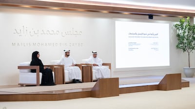 Dr Ahmed Al Haddad, right, director of the fatwa department at the Islamic Affairs and Charitable Activities in Dubai, and member of the UAE Council for Fatwa, delivers a lecture, accompanied by Dr Omar Habtoor Al Derei, Director General of the UAE Fatwa Council, centre, and and Nouf Al Shehhi. All photos: Abdulla Al Neyadi for the Ministry of Presidential Affairs