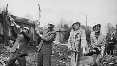From left: Dickie Henderson, Christopher Lee, Vera Lynn and Sue Lloyd at work on the Michael Sobell youth sports centre in Islington, north London, on March 8, 1971. Getty Images