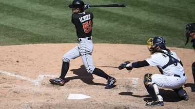 Ichiro Suzuki of the Miami Marlins hits a double during the ninth inning of a baseball game against the San Diego Padres at Petco Park on June 15, 2016 in San Diego, California. Denis Poroy/Getty Images/AFP