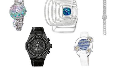 JEWELLERY - Jewellery watches are more about the creative ways that gems are set and strung together, the ways that mechanisms are miniaturised to fit the delicate bracelets and the originality of the designs. From left: Fabergé Summer in Provence, Hublot Big Bang Unico '10 Years' Haute Joaillerie, Piaget Extremely Piaget Double Sided Cuff Watch, Champs Elysées Rive Blanche Nymphéas and Chaumet Joséphine Aigrette Impériale. Courtesy GPHG