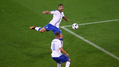 Graziano Pelle of Italy scores his team’s second goal during the Uefa Euro 2016 Group E match between Belgium and Italy at Stade des Lumieres on June 13, 2016 in Lyon, France. (Clive Brunskill/Getty Images)