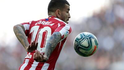 Atletico Madrid's Angel Correa looks to control the ball at the Santiago Bernabeu. AP