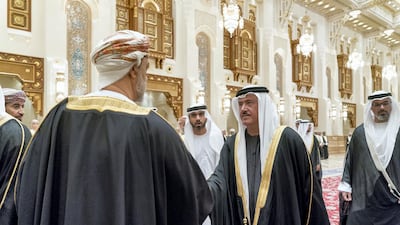 Sheikh Sultan bin Hamdan offers condolences to Sultan Haitham bin Tariq of Oman at Al Alam Palace. Rashed Al Mansoori / Ministry of Presidential Affairs