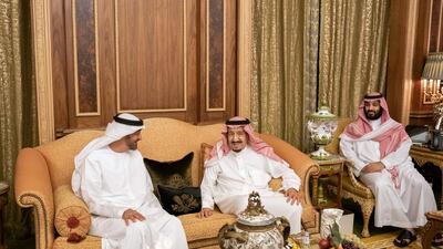 Sheikh Mohamed bin Zayed, Crown Prince of Abu Dhabi and Deputy Supreme Commander of the Armed Forces, speaks with King Salman and Crown Prince Mohammed bin Salman on Tuesday evening in Riyadh
