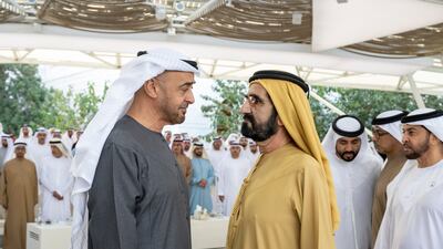 President Sheikh Mohamed speaks with Sheikh Mohammed bin Rashid, Vice President and Ruler of Dubai