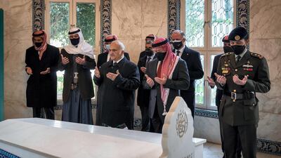 Jordan's King Abdullah II, Crown Prince Hussein bin Abdullah, and Princes Hasan bin Talal, Feisal bin Al Hussein, Ali bin Al Hussein, Hamzah bin Al Hussein, Hashim bin Al Hussein, Talal bin Muhammed, Ghazi bin Muhammed and Rashid bin Hasan visit the tomb of King Talal on Jordan's centenary on April 11, 2021 Courtesy of the Royal Hashemite Court