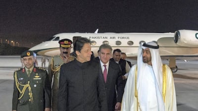 The Pakistan prime minister is welcomed off his plane after visiting Riyadh earlier in the day. Hamad Al Kaabi / Crown Prince Court - Abu Dhabi