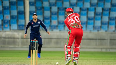 Oman's Ayaan Khan at the crease during the game against Scotland. Photo: ICC
