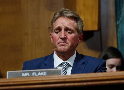 Senator Jeff Flake after speaking during the Senate Judiciary Committee. AP