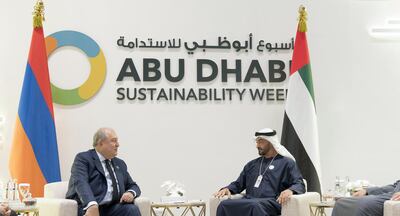 Armenia's President Armen Sarkissian, left, with Sheikh Mohamed bin Zayed, Crown Prince of Abu Dhabi. Ministry of Presidential Affairs