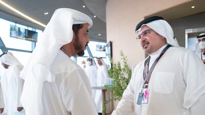 Sheikh Hamdan bin Zayed, Ruler’s Representative in Al Dhafra Region, greets Prince Salman Bin Hamad, Crown Prince and Prime Minister of Bahrain. Photo: Abdulla Al Junaibi / Ministry of Presidential Affairs
