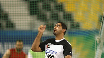 DOHA, QATAR - OCTOBER 31: Abdullah Hayayei of UAE competes in the men's discus F34 final during the Evening Session on Day Ten of the IPC Athletics World Championships at Suhaim Bin Hamad Stadium on October 31, 2015 in Doha, Qatar. (Photo by Warren Little/Getty Images)
