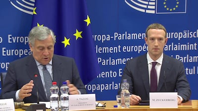Founder and CEO of Facebook Mark Zuckerberg (R) and Antonio Tajani (L), President of the European Parliament where Zuckerberg was grilled on the data information breach by Cambridge Analytica. EPA