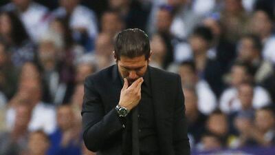 Atletico Madrid manager Diego Simeone reacts during his side's 1-0 loss to Real Madrid in the Champions League quarter-final second leg on Wednesday. Juan Medina / Reuters / April 22, 2015