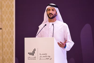 Abdullah bin Touq, UAE Minister of Economy and Tourism, speaking about the new initiative to develop Emirati SMEs, during a press conference in Abu Dhabi. Victor Besa/ The National