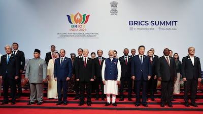 Leaders pose for a photo at the 18th Brics summit in New Delhi yesterday. The grouping contains countries with different political systems, varied strategic interests and mixed relationships with the West. EPA