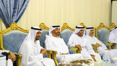 Sheikh Mohamed bin Zayed offers condolences to the family of Abdulla bin Jaber Al Khaili, in Al Ain. Mohamed Al Hammadi / Ministry of Presidential Affairs