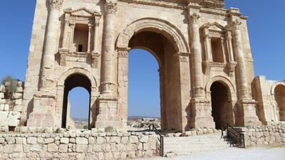 Hadrian’s Arch, an 11-metre-high gateway built to honour the visit of the Roman emperor Hadrian to the city of Jerash, Jordan, in 129 AD, stands empty on October 21, 2020. Taylor Luck for The National