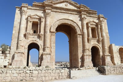 Hadrian’s Arch, an 11-metre-high gateway built to honour the visit of the Roman emperor Hadrian to the city of Jerash, Jordan, in 129 AD, stands empty on October 21, 2020. Taylor Luck for The National