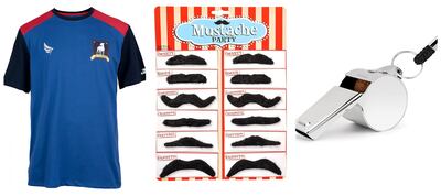 AFC Richmond T-shirt, Dh109, www.fruugo.com; fake moustaches, Dh27, www.desertcart.ae; referee whistle, Dh27, www.desertcart.ae. Photos: Fruugo; Desert Cart