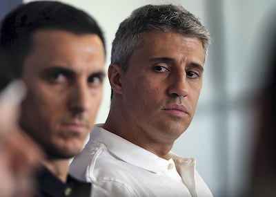 Former Argentina internationals Nicolas Burdisso and Hernan Crespo at the media day at the Hazza Bin Zayed Stadium. Satish Kumar for The National