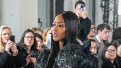 Naomi Campell models a creation as part of the Schiaparelli haute couture spring/summer 2023 show featuring a wolf head. AP Photo