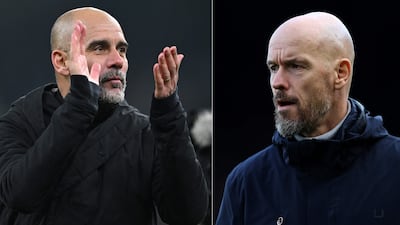 Manchester City's Pep Guardiola, left, said he has a lot of respect for Manchester United and their manager Erik ten Hag. AFP