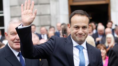 Irish prime minister Leo Varadkar waves outside Leinster House, Dublin, after his election in June. His government is seeking to attract business leaving London because of the Brexit. Peter Morrison / AP Photo / June 14, 2017