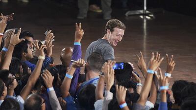 Facebook’s CEO Mark Zuckerberg interacts with technology students in a town hall style meeting in New Delhi. Shirish Shete / Press Trust of India via AP
