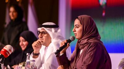 Mariam Al Mansoori, head of technical support and training at the FBMA speaks at the announcement for the Fatima bint Mubarak Women's Sports Award at the Emirates Palace, Abu Dhabi.