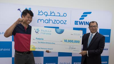Filipino Paterio, who won the Mahzooz Dh10 million grand prize, is pictured at the Mahzooz headquarters in Dubai. Ruel Pableo/The National