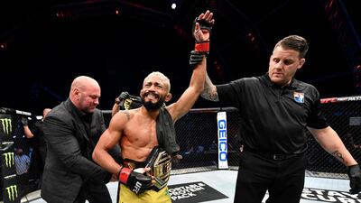 Deiveson Figueiredo of Brazil celebrates after defeating Joseph Benavidez in their UFC flyweight championship bout during the UFC Fight Night event inside Flash Forum on UFC Fight Island in Yas Island, Abu Dhabi. Getty Images