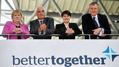 From left, Scottish Labour Party Leader Johann Lamont, former British Finance Minister Alistair Darling, Scottish Conservative Party Leader Ruth Davidson and Scottish Liberal Democrat Leader Willie Rennie, support the 'Better Together' campaign against Scottish independence.