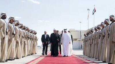 Sheikh Mohamed bin Zayed bids farewell to Dr Ahmed Al Tayeb, Grand Imam of Al Azhar, at the Presidential Airport. Rashed Al Mansoori / Ministry of Presidential Affairs