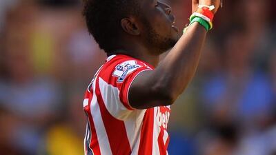 Mame Biram Diouf of Stoke City celebrates scoring his team’s goal in a 1-1 draw against Norwich City on Saturday. Tony Marshall / Getty Images