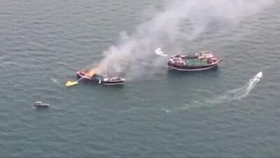 The boat fire in Dubai that closed the Floating Bridge. Courtesy Dubai Police