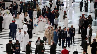 Visitors on the first day of the UMEX held at ADNEC in Abu Dhabi. Pawan Singh / The National