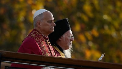 Pope Leo XIV arrives with Bartholomew I, the spiritual leader of Eastern Orthodox Christians, at Lake Iznik in Turkey. AP Photo