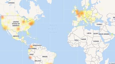 A screengrab of the live outage map from downdetector.com