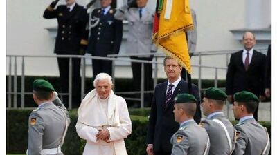 Pope Benedict XVI is received with military honours at Bellevue Palace in Berlin yesterday by the German president, Christian Wulff. The head of the Roman Catholic Church is on his third visit to his home country since becoming pontiff in 2005. Britta Pedersen / EPA