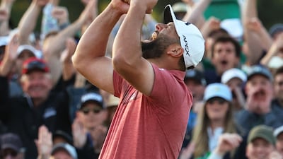 Spain's Jon Rahm celebrates on the 18th green after winning The Masters at Augusta National. Reuters