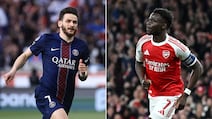 PSG winger Khvicha Kvaratskhelia, left, and Arsenal's Bukayo Saka. EPA, Getty Images
