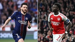 PSG winger Khvicha Kvaratskhelia, left, and Arsenal's Bukayo Saka. EPA, Getty Images