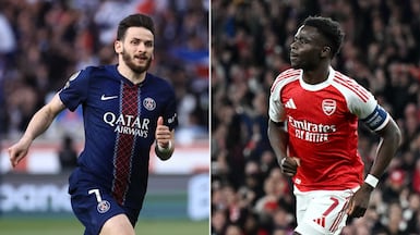 PSG winger Khvicha Kvaratskhelia, left, and Arsenal's Bukayo Saka. EPA, Getty Images