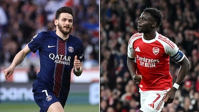 PSG winger Khvicha Kvaratskhelia, left, and Arsenal's Bukayo Saka. EPA, Getty Images