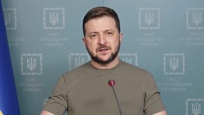 Ukrainian President Volodymyr Zelenskyy speaks from Kyiv on April 18. Ukrainian Presidential Press Office / AP