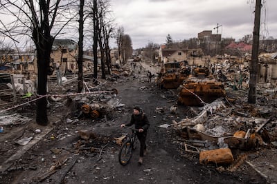 A damaged street in Bucha, Ukraine. The war has caused widespread damage. Getty Images