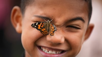 A butterfly lands on the face of a primary school pupil in British Columbia, Canada. AP